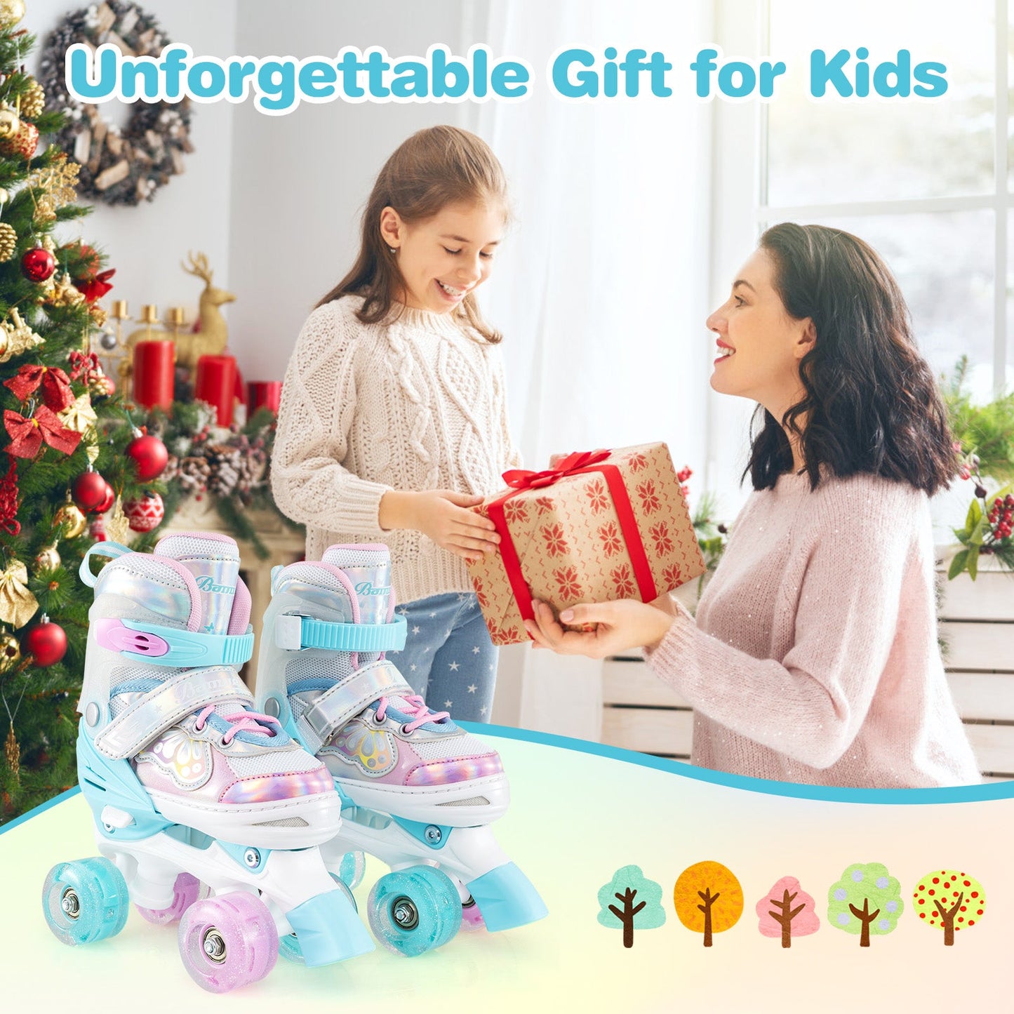 Kids Roller Skates 4 Sizes Adjustable Quad Skates with Light-up Wheels and Safety Protection