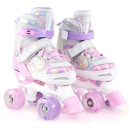 Kids Roller Skates 4 Sizes Adjustable Quad Skates with Light-up Wheels and Safety Protection