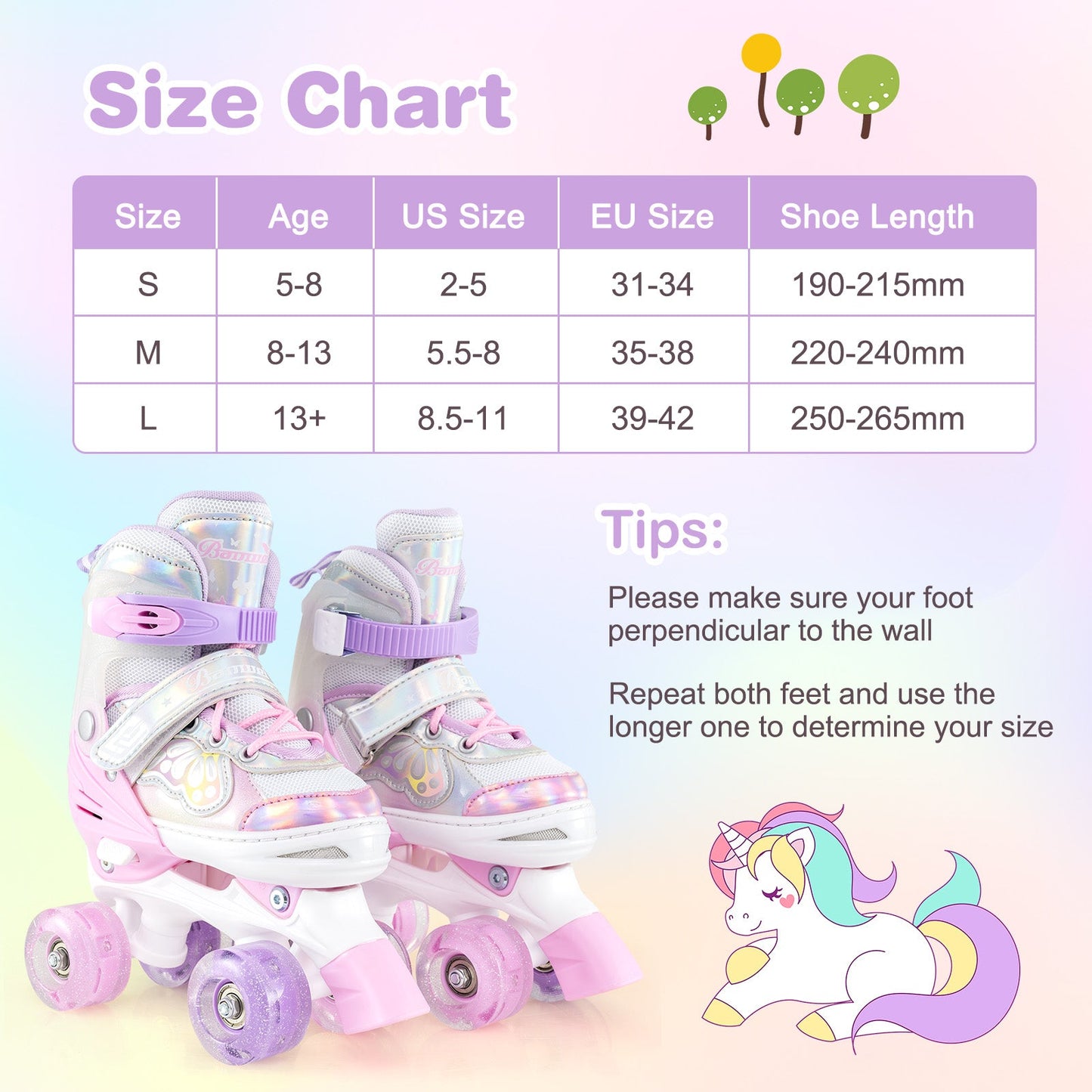 Kids Roller Skates 4 Sizes Adjustable Quad Skates with Light-up Wheels and Safety Protection