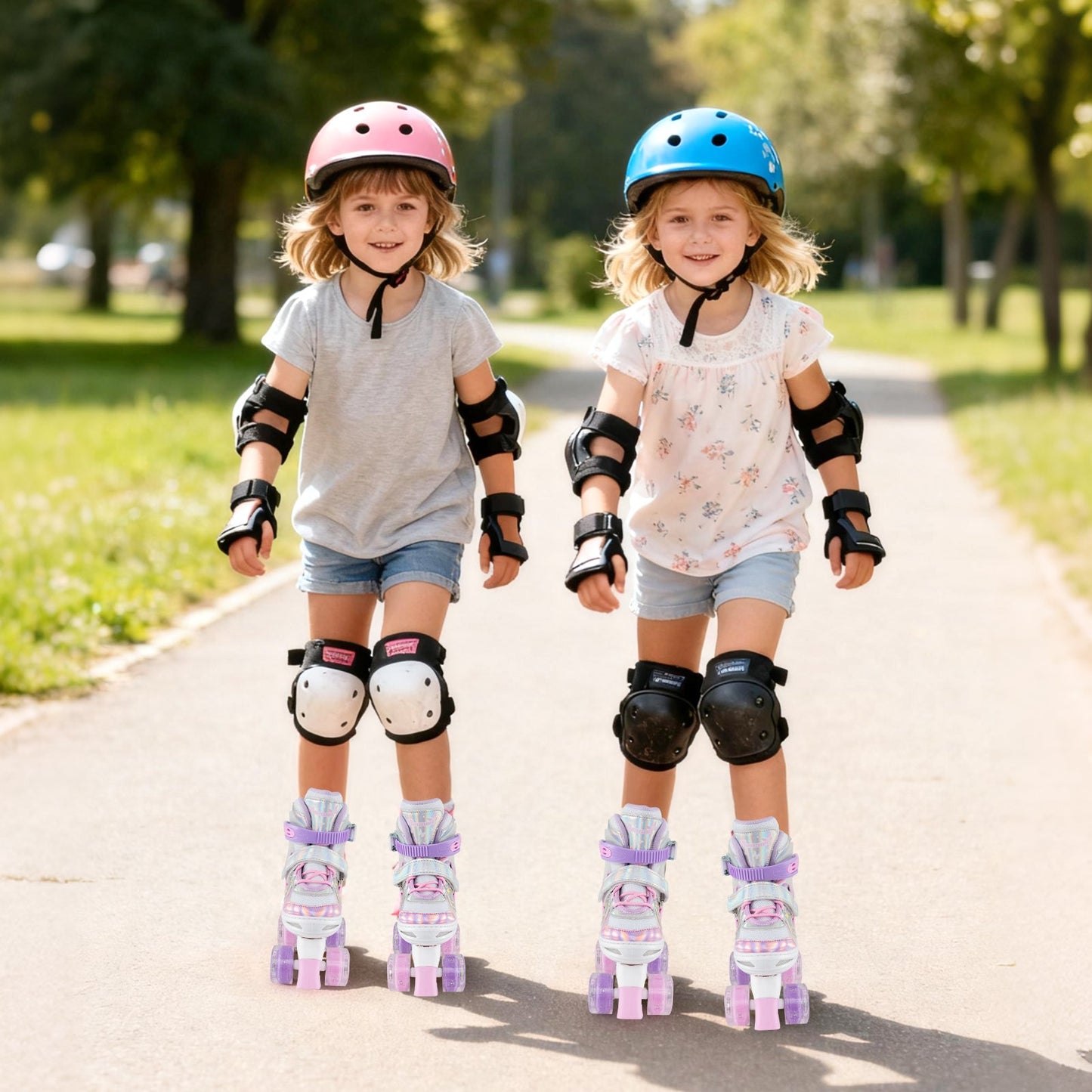 Kids Roller Skates 4 Sizes Adjustable Quad Skates with Light-up Wheels and Safety Protection