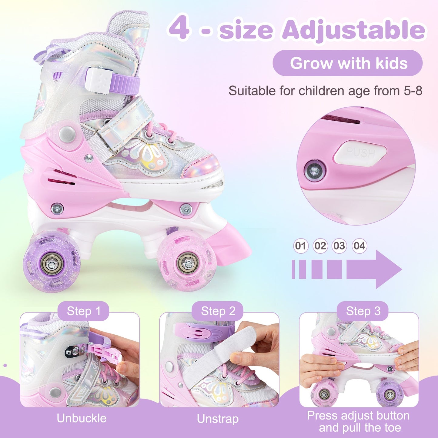 Kids Roller Skates 4 Sizes Adjustable Quad Skates with Light-up Wheels and Safety Protection