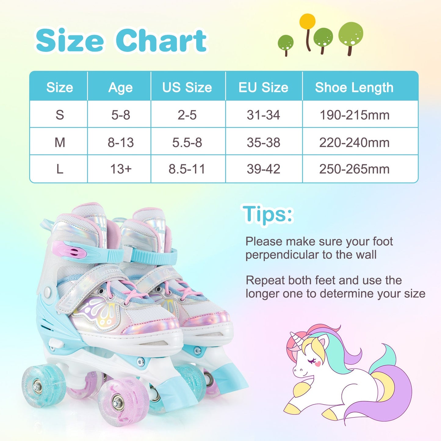 Kids Roller Skates 4 Sizes Adjustable Quad Skates with Light-up Wheels