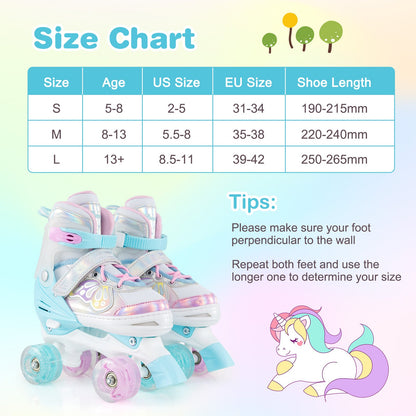 Kids Roller Skates 4 Sizes Adjustable Quad Skates with Light-up Wheels