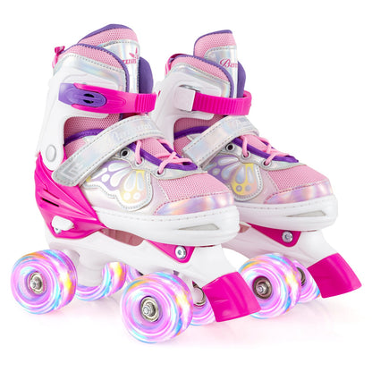 Kids Roller Skates 4 Sizes Adjustable Quad Skates with Light-up Wheels