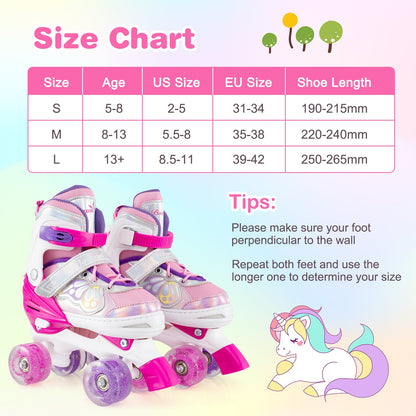 Kids Roller Skates 4 Sizes Adjustable Quad Skates with Light-up Wheels
