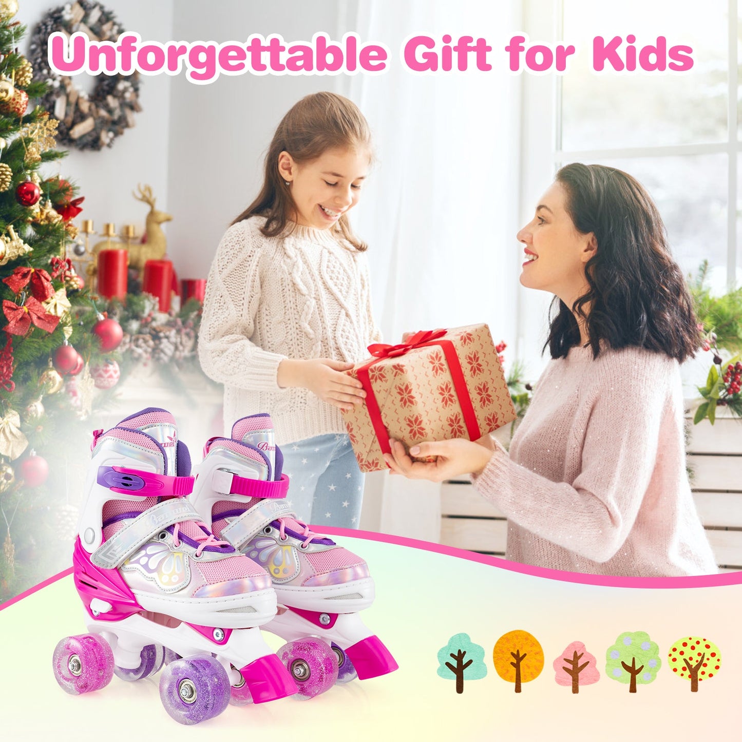 Kids Roller Skates 4 Sizes Adjustable Quad Skates with Light-up Wheels