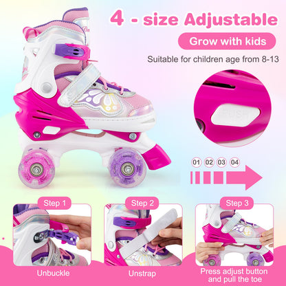 Kids Roller Skates 4 Sizes Adjustable Quad Skates with Light-up Wheels