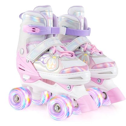 Kids Roller Skates 4 Sizes Adjustable Quad Skates with Light-up Wheels