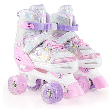 Kids Roller Skates 4 Sizes Adjustable Quad Skates with Light-up Wheels
