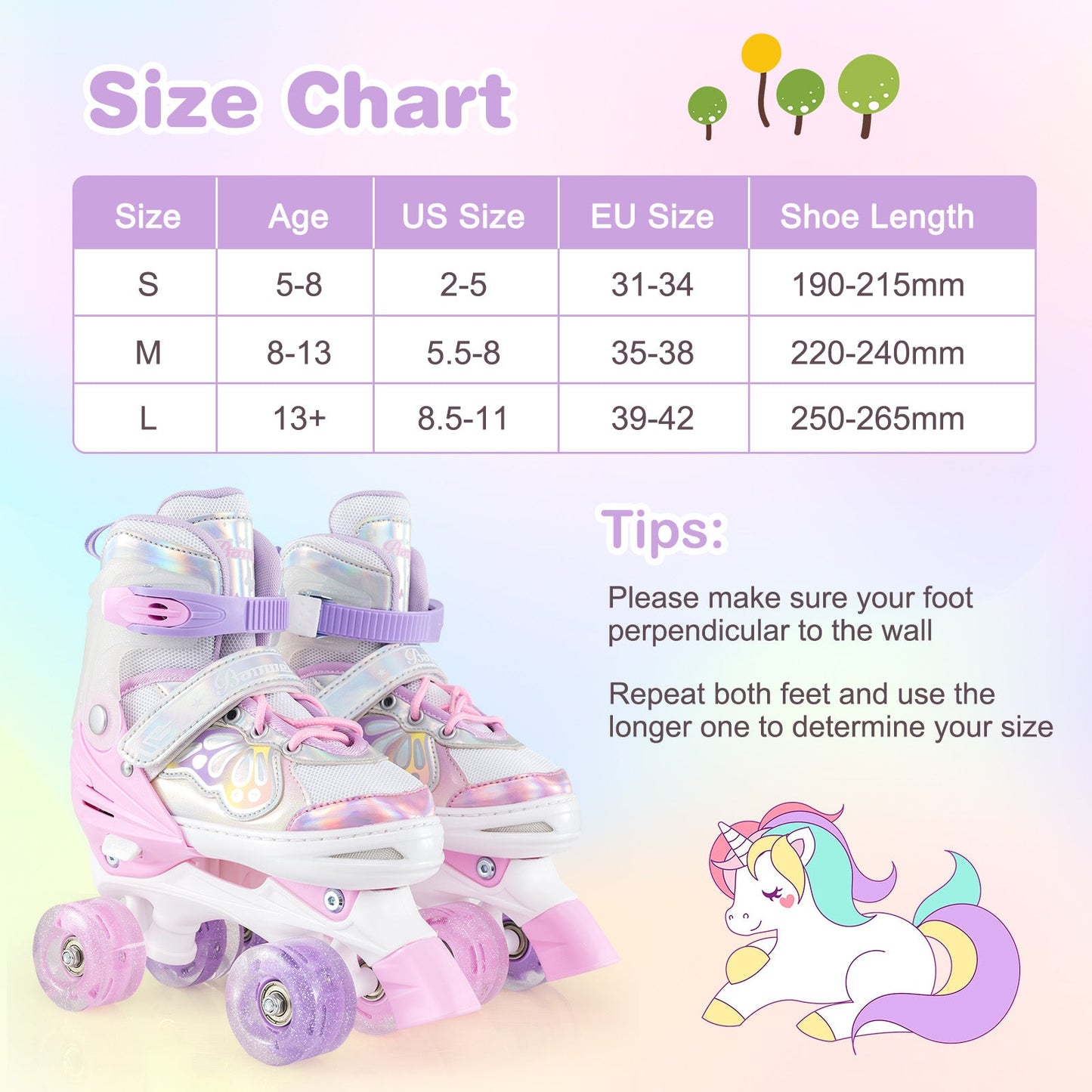 Kids Roller Skates 4 Sizes Adjustable Quad Skates with Light-up Wheels