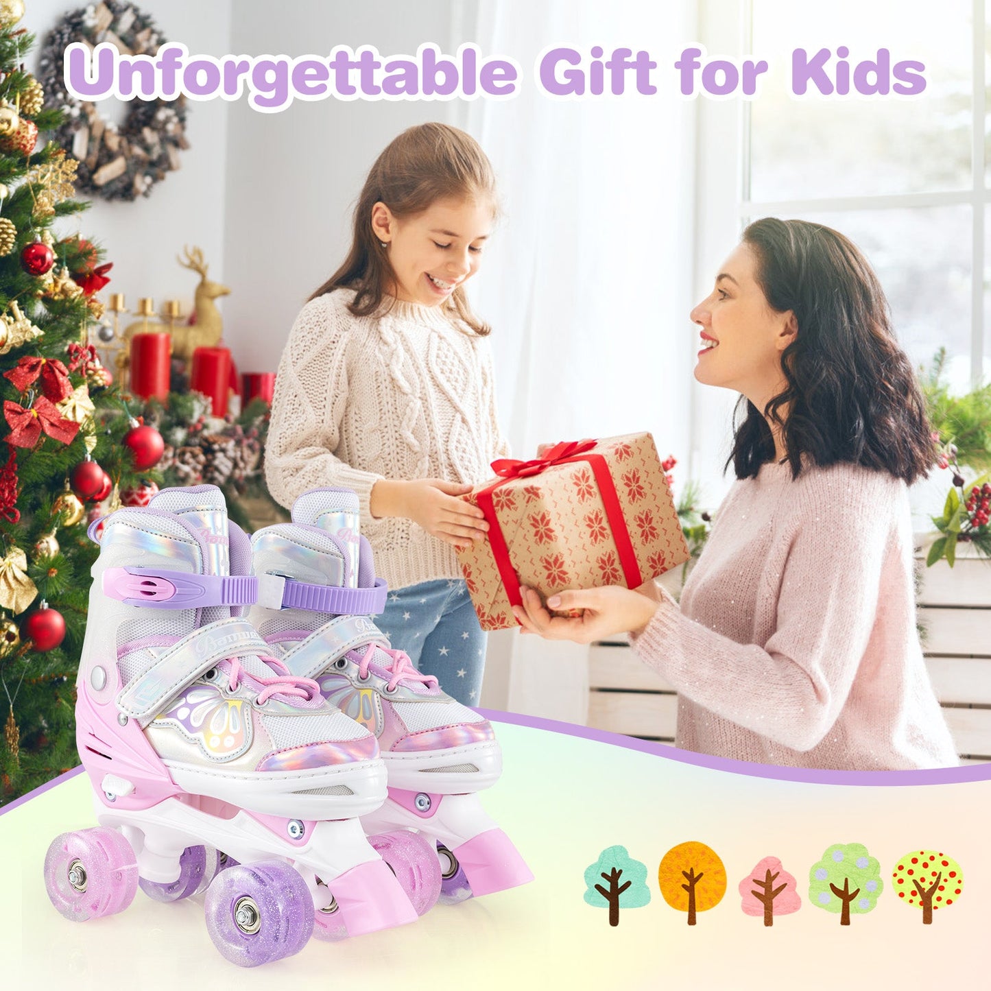 Kids Roller Skates 4 Sizes Adjustable Quad Skates with Light-up Wheels