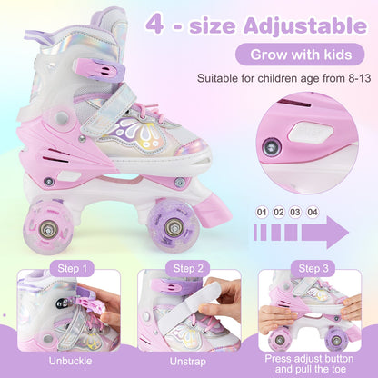 Kids Roller Skates 4 Sizes Adjustable Quad Skates with Light-up Wheels
