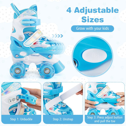 Kids Roller Skates 4 Sizes Adjustable with Light-up Wheels for Toddler Aged 3-4 (XS)