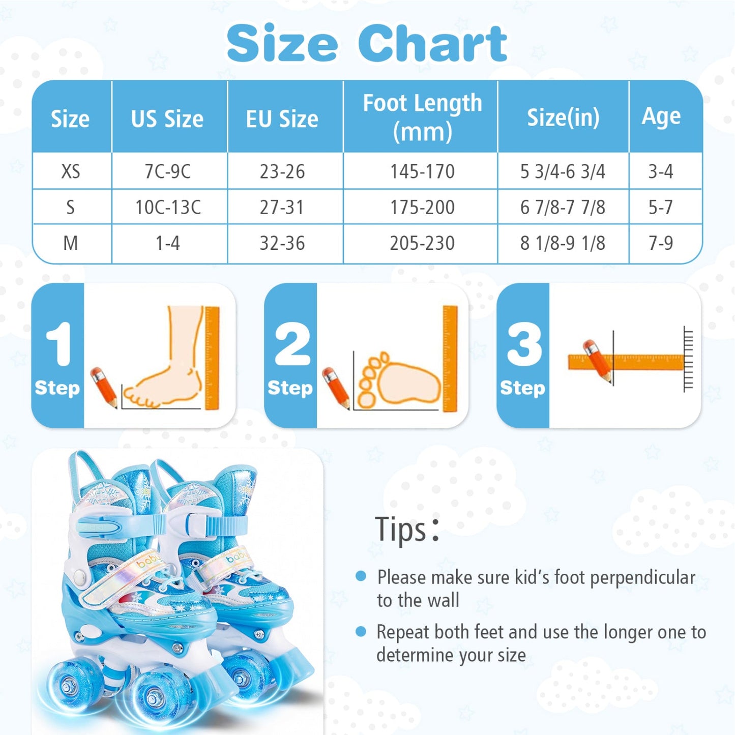 Kids Roller Skates 4 Sizes Adjustable with Light-up Wheels for Toddler Aged 3-4 (XS)