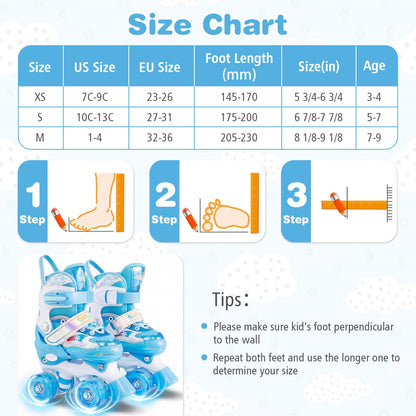 Kids Roller Skates 4 Sizes Adjustable with Light-up Wheels for Toddler Aged 3-4 (XS)