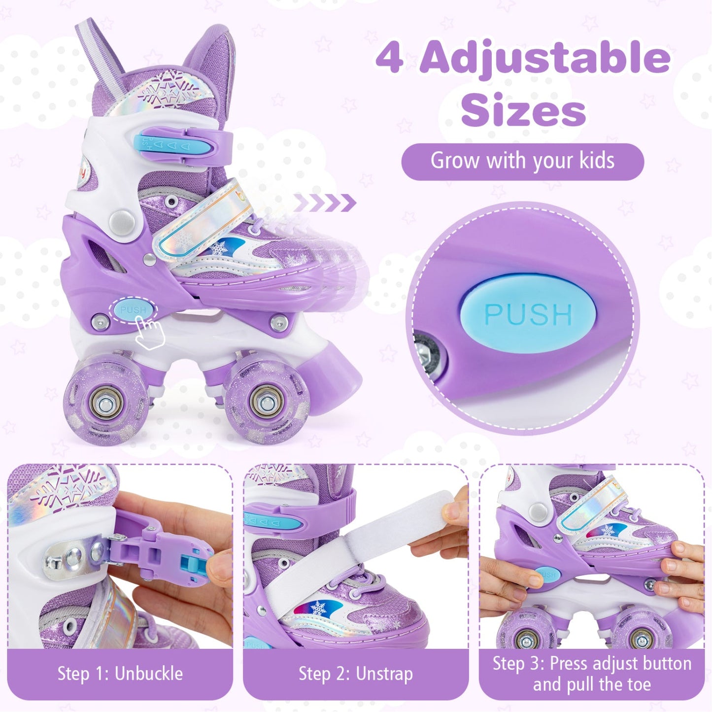 Kids Roller Skates 4 Sizes Adjustable with Light-up Wheels for Toddler Aged 3-4 (XS)