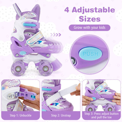 Kids Roller Skates 4 Sizes Adjustable with Light-up Wheels for Toddler Aged 3-4 (XS)