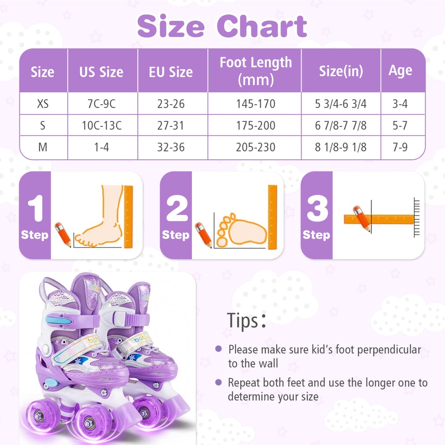 Kids Roller Skates 4 Sizes Adjustable with Light-up Wheels for Toddler Aged 3-4 (XS)