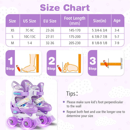 Kids Roller Skates 4 Sizes Adjustable with Light-up Wheels for Toddler Aged 3-4 (XS)