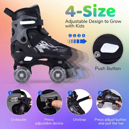 Kids Roller Skates for Girls Boys 4 Sizes Adjustable Quad Skates with Light-up Wheels