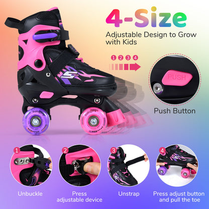 Kids Roller Skates for Girls Boys 4 Sizes Adjustable Quad Skates with Light-up Wheels