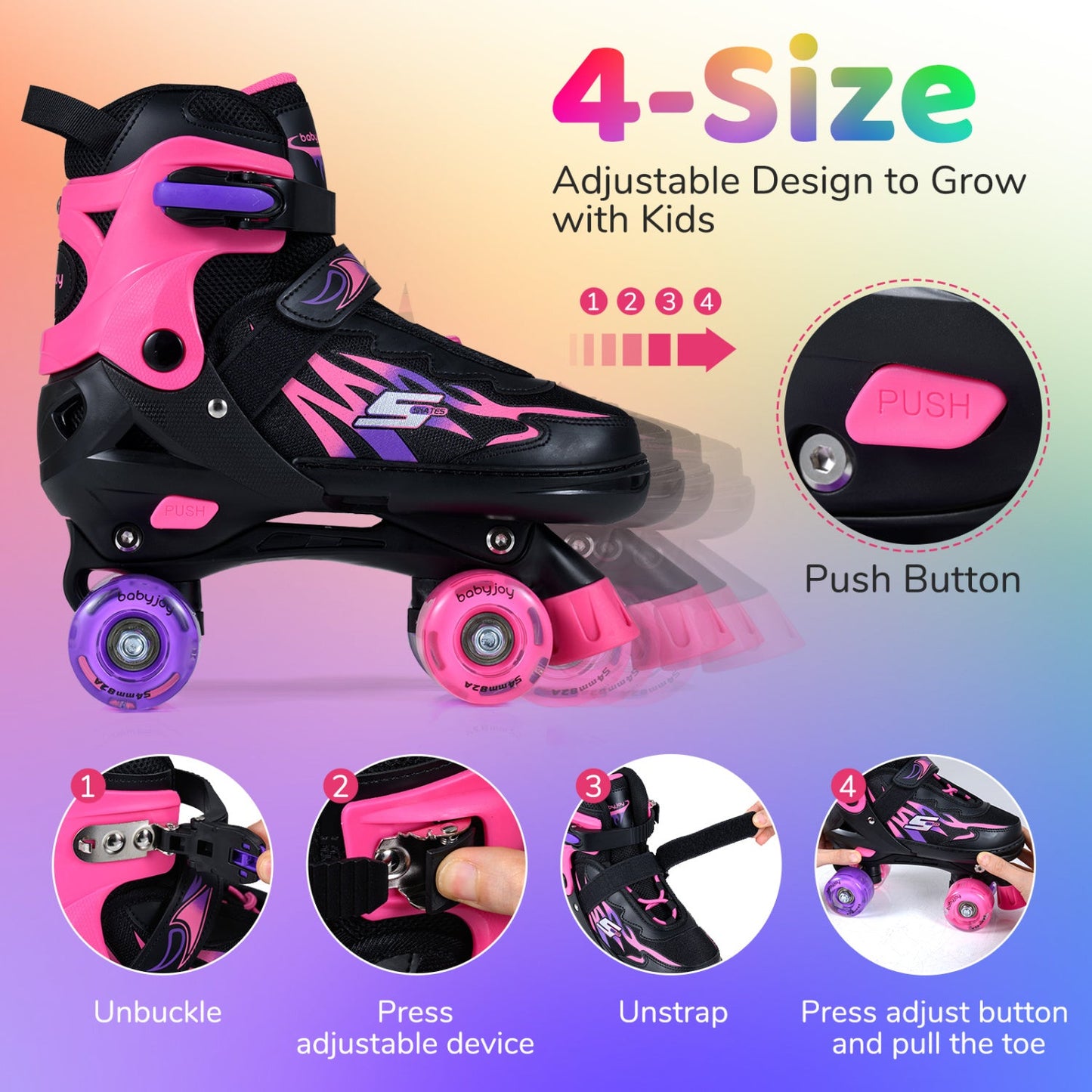 Kids Roller Skates for Girls Boys 4 Sizes Adjustable Quad Skates with Light-up Wheels for Outdoor