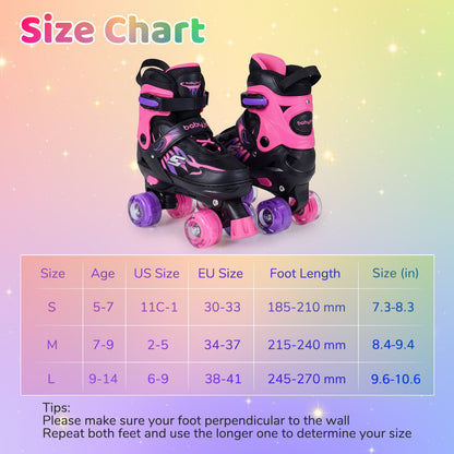 Kids Roller Skates for Girls Boys 4 Sizes Adjustable Quad Skates with Light-up Wheels for Outdoor