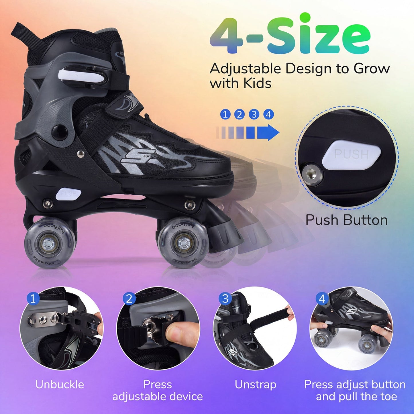 Kids Roller Skates for Girls Boys 4 Sizes Adjustable Quad Skates with Light-up Wheels for Outdoor