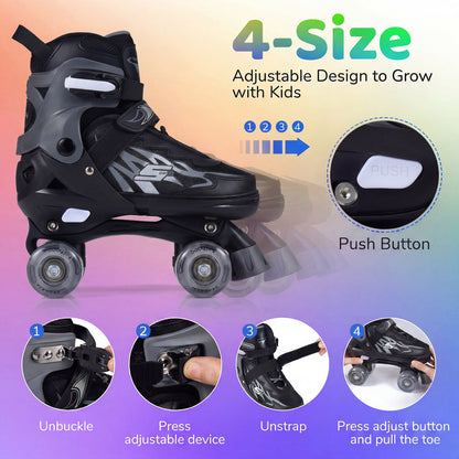 Kids Roller Skates for Girls Boys 4 Sizes Adjustable Quad Skates with Light-up Wheels for Outdoor