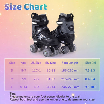 Kids Roller Skates for Girls Boys 4 Sizes Adjustable Quad Skates with Light-up Wheels for Outdoor