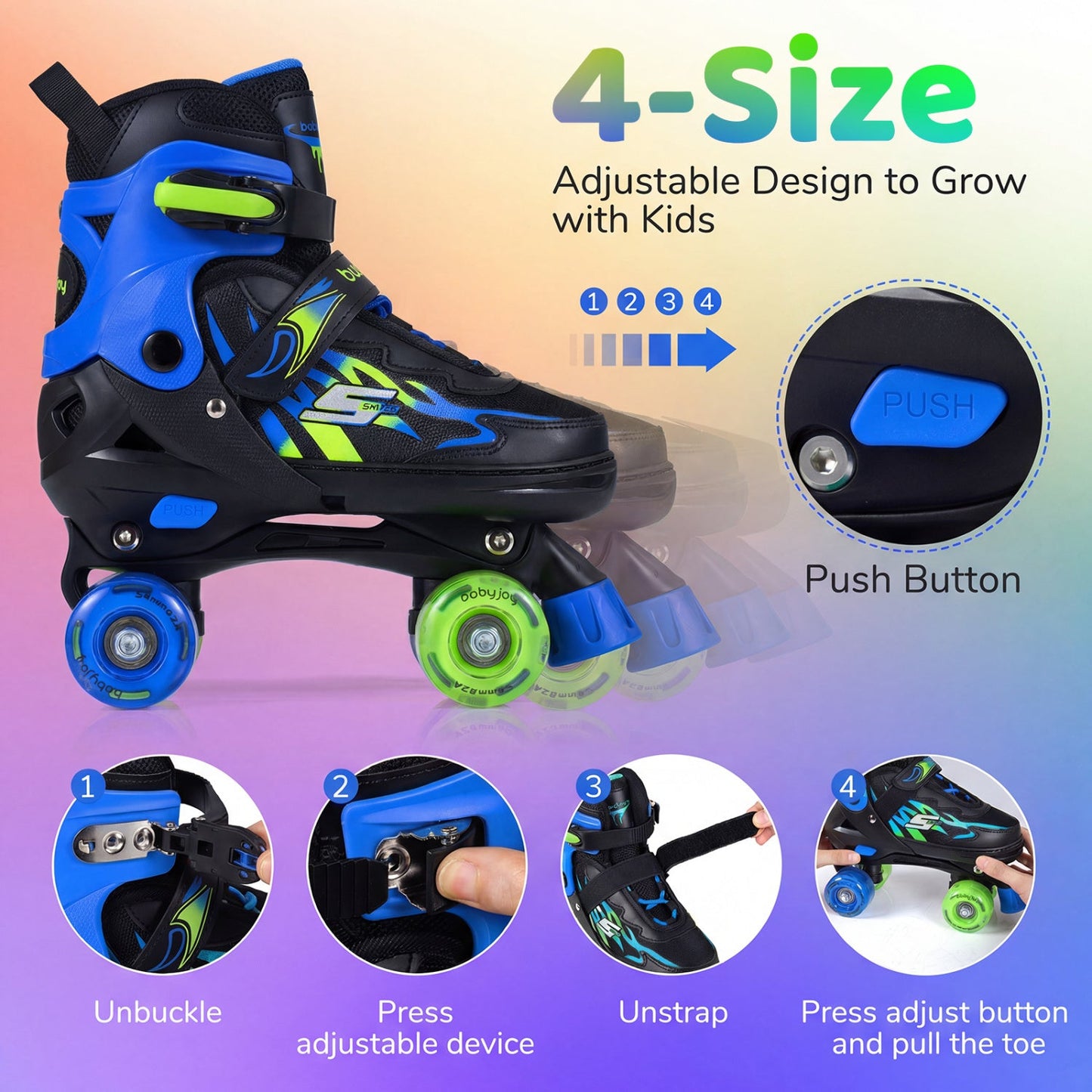Kids Roller Skates for Girls Boys 4 Sizes Adjustable Quad Skates with Light-up Wheels for Outdoor