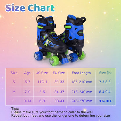 Kids Roller Skates for Girls Boys 4 Sizes Adjustable Quad Skates with Light-up Wheels for Outdoor