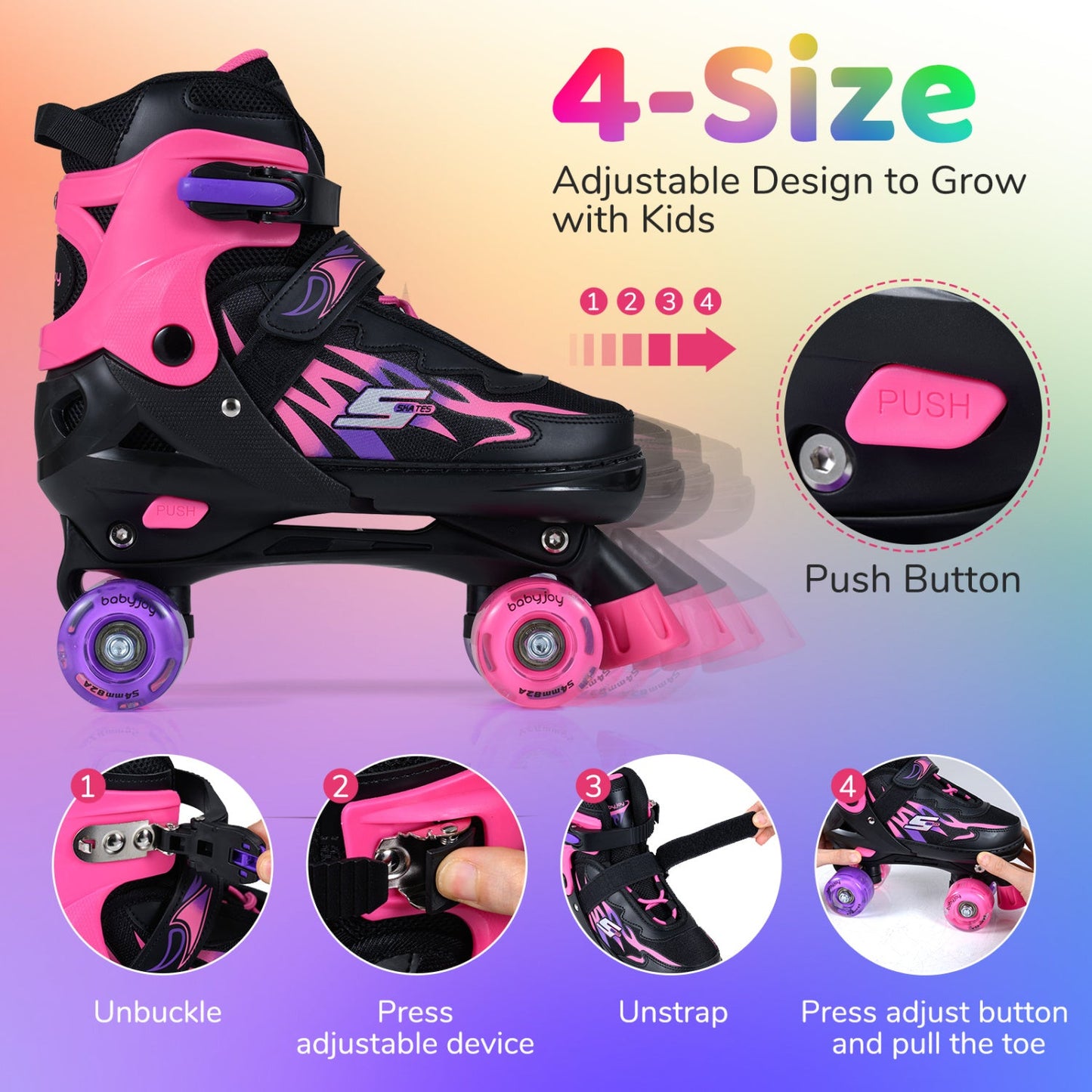 Kids Roller Skates for Girls Boys Teens 4 Sizes Adjustable Quad Skates with Light-up Wheels