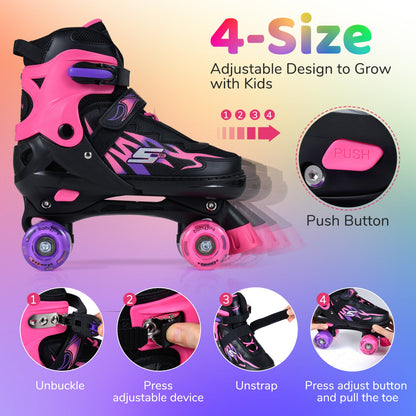 Kids Roller Skates for Girls Boys Teens 4 Sizes Adjustable Quad Skates with Light-up Wheels
