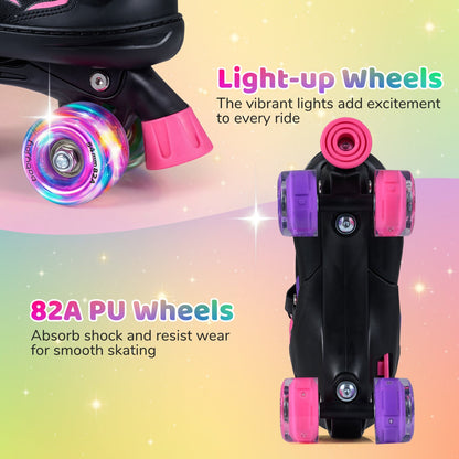 Kids Roller Skates for Girls Boys Teens 4 Sizes Adjustable Quad Skates with Light-up Wheels