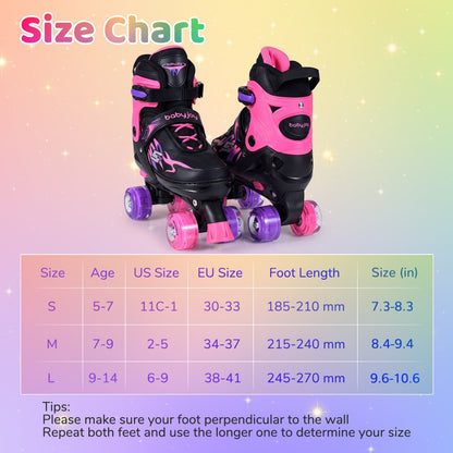 Kids Roller Skates for Girls Boys Teens 4 Sizes Adjustable Quad Skates with Light-up Wheels