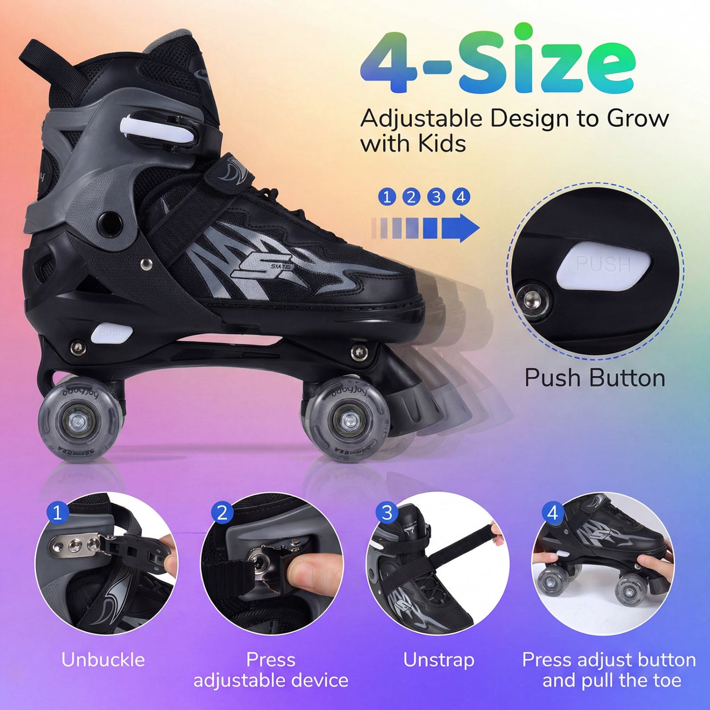 Kids Roller Skates for Girls Boys Teens 4 Sizes Adjustable Quad Skates with Light-up Wheels