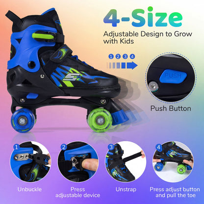 Kids Roller Skates for Girls Boys Teens 4 Sizes Adjustable Quad Skates with Light-up Wheels