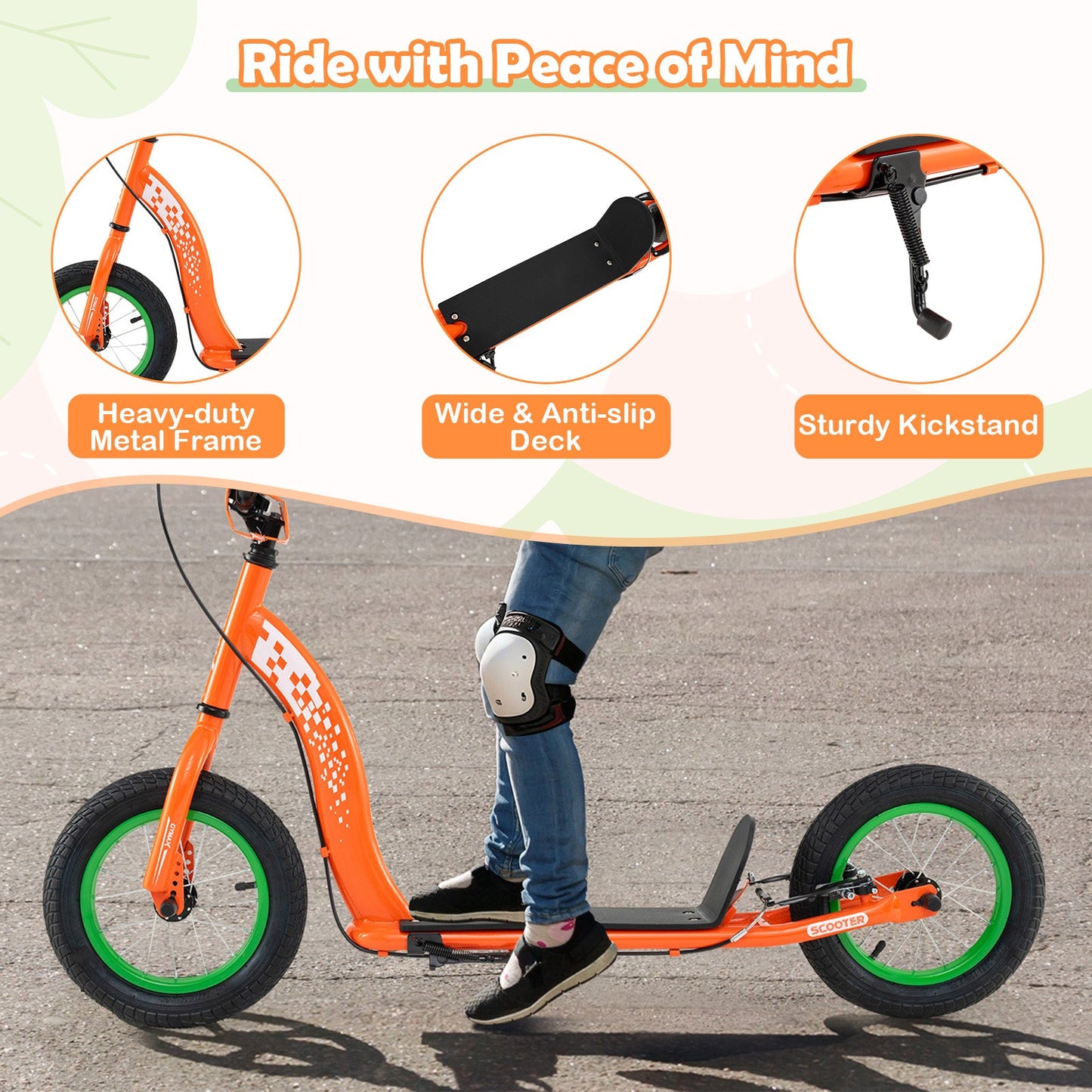 Kids Scooter Youth Kick Scooter with Adjustable Height Handlebar 12-Inch Inflatable Wheels