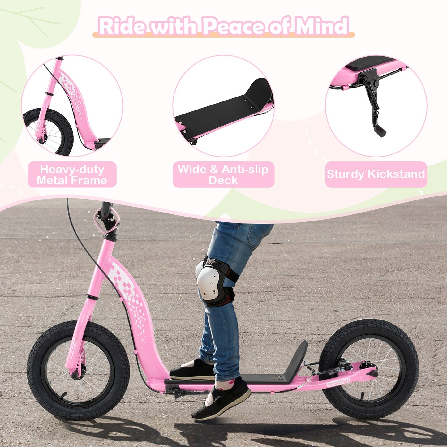 Kids Scooter Youth Kick Scooter with Adjustable Height Handlebar 12-Inch Inflatable Wheels