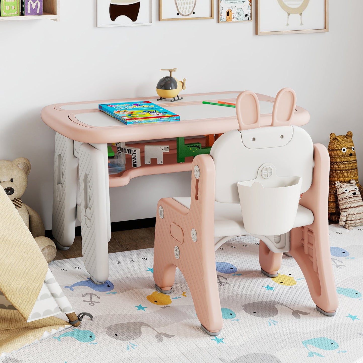 Kids Table and Chair Set with Flip-Top Bookshelf