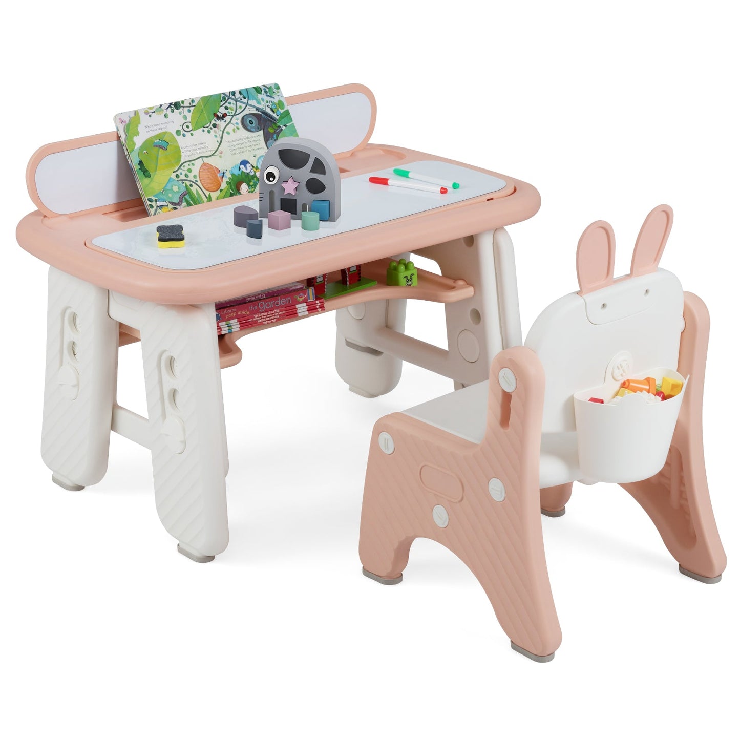 Kids Table and Chair Set with Flip-Top Bookshelf