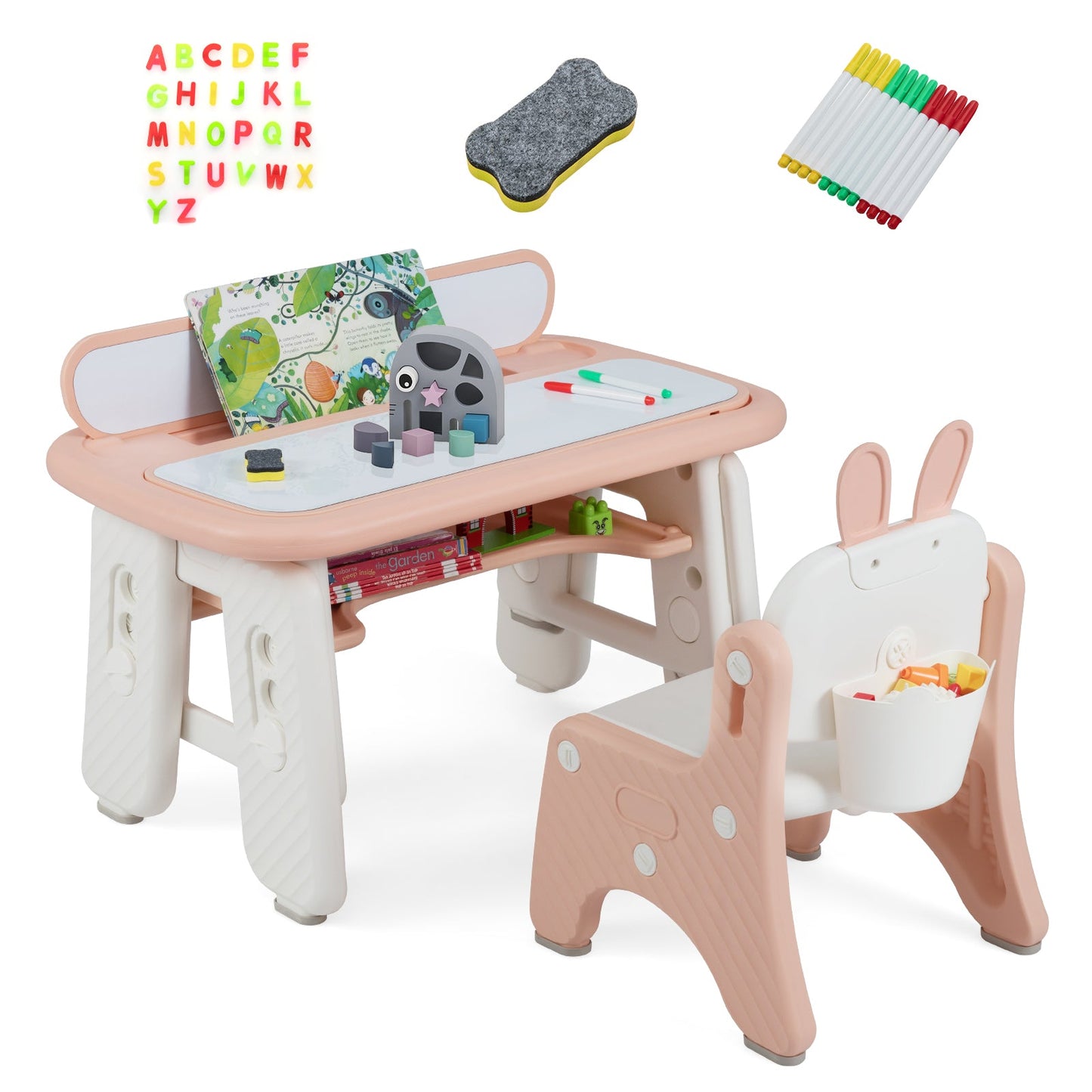 Kids Table and Chair Set with Flip-Top Bookshelf