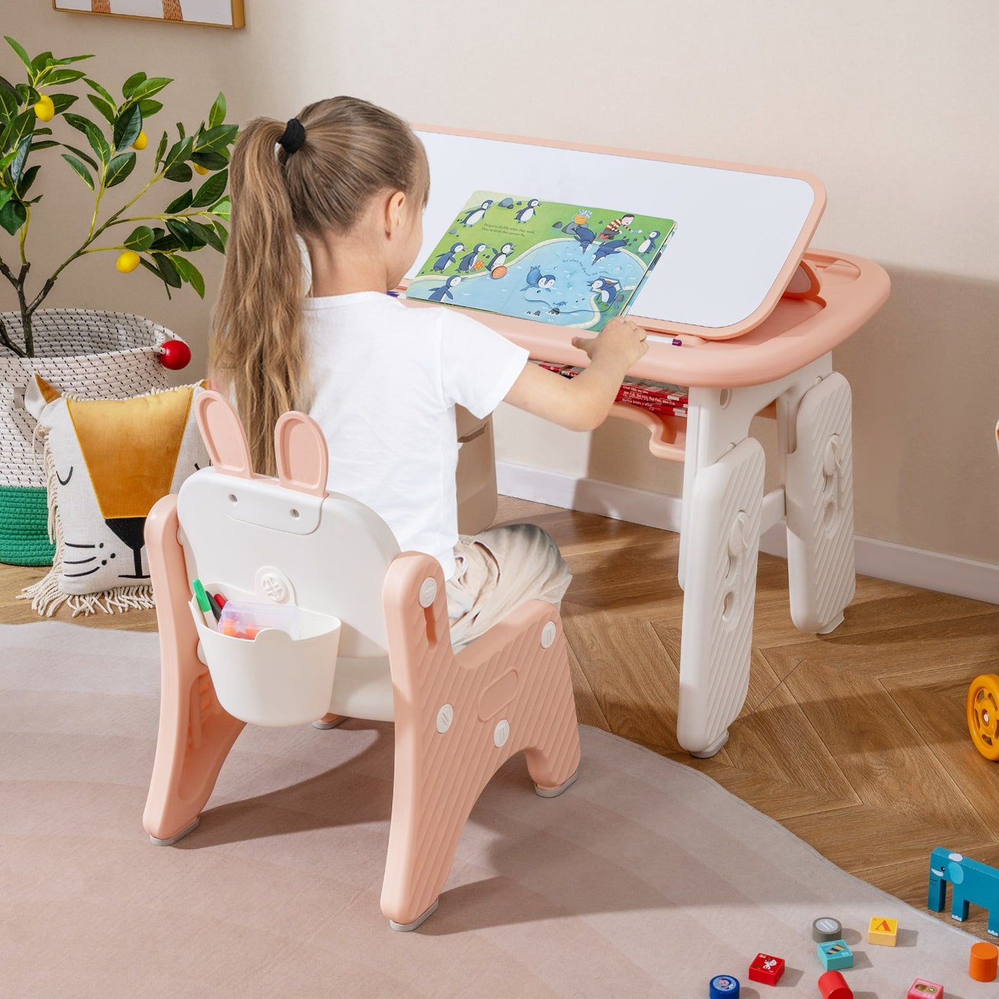 Kids Table and Chair Set with Flip-Top Bookshelf
