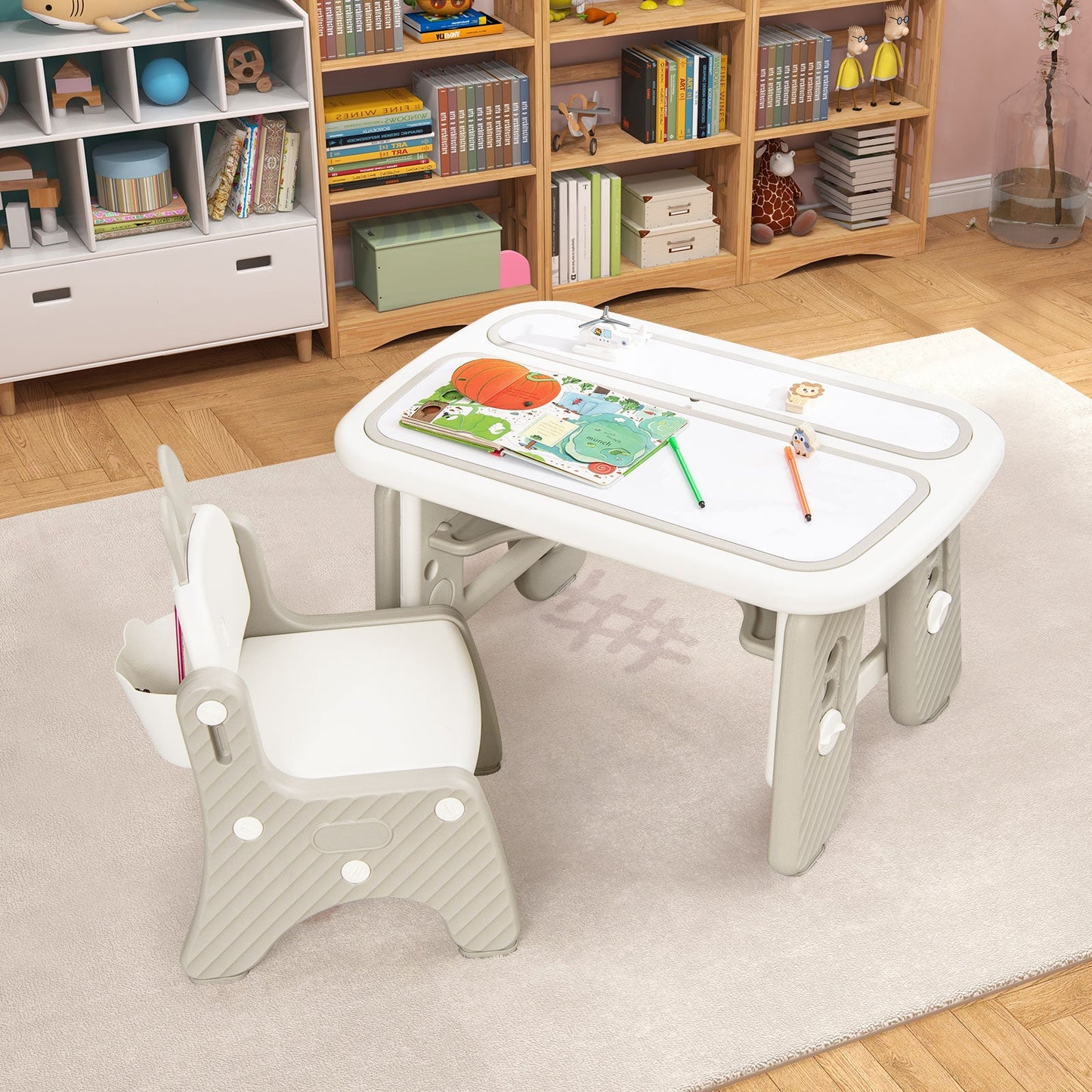 Kids Table and Chair Set with Flip-Top Bookshelf
