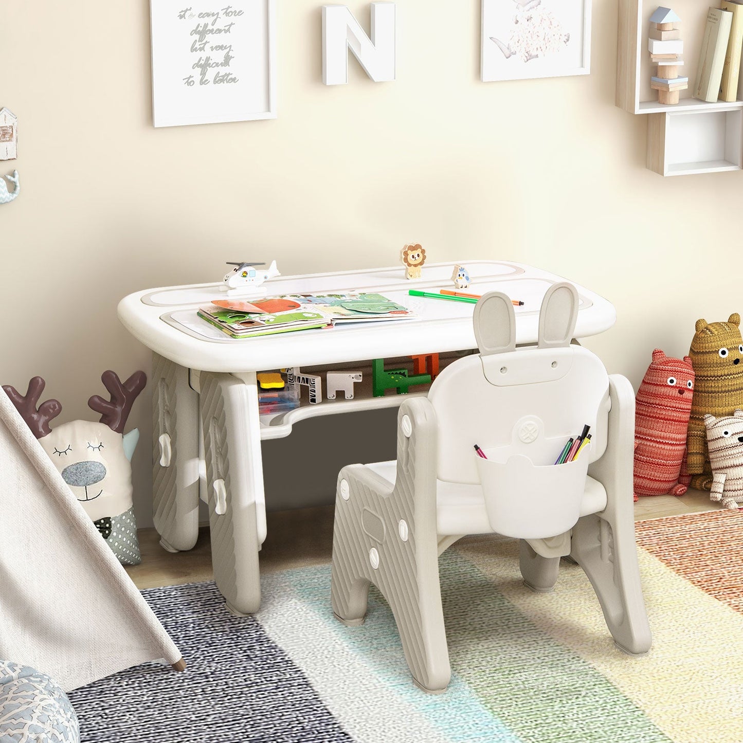 Kids Table and Chair Set with Flip-Top Bookshelf