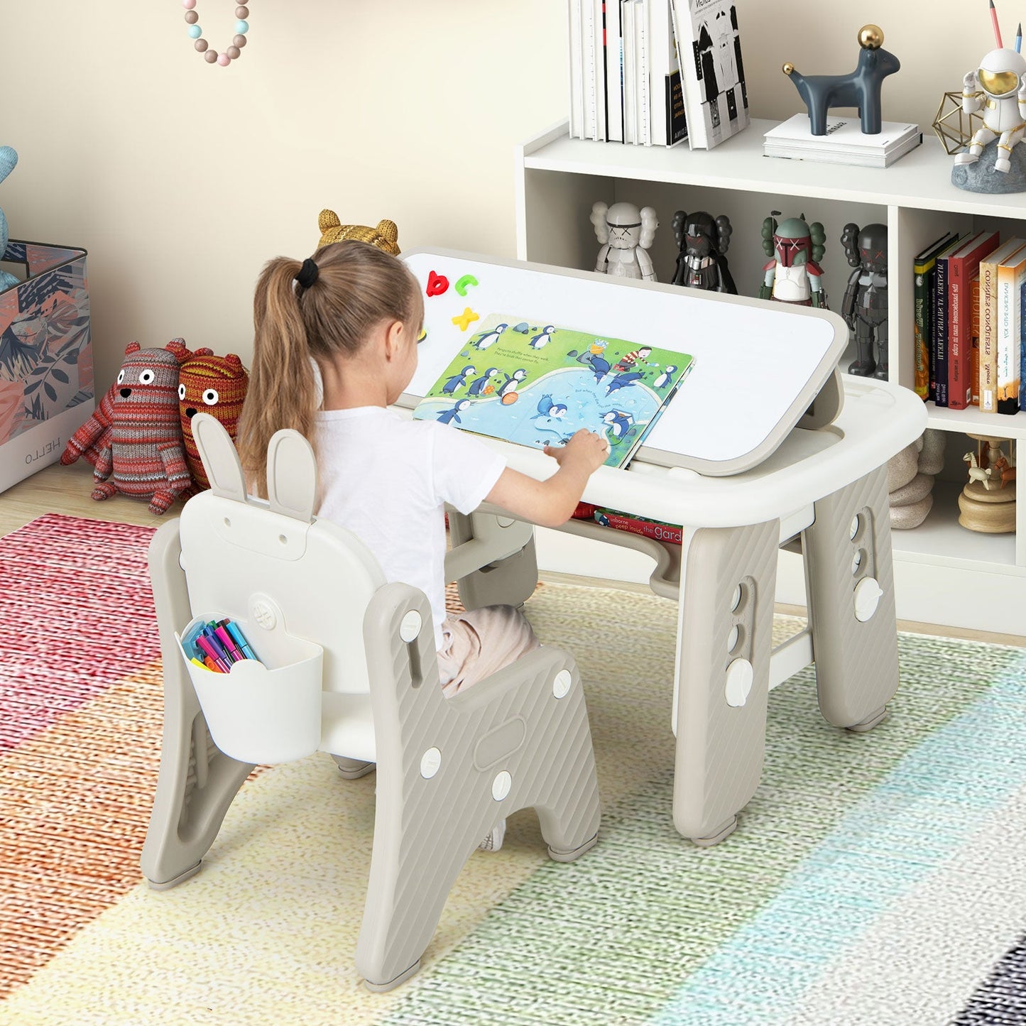 Kids Table and Chair Set with Flip-Top Bookshelf