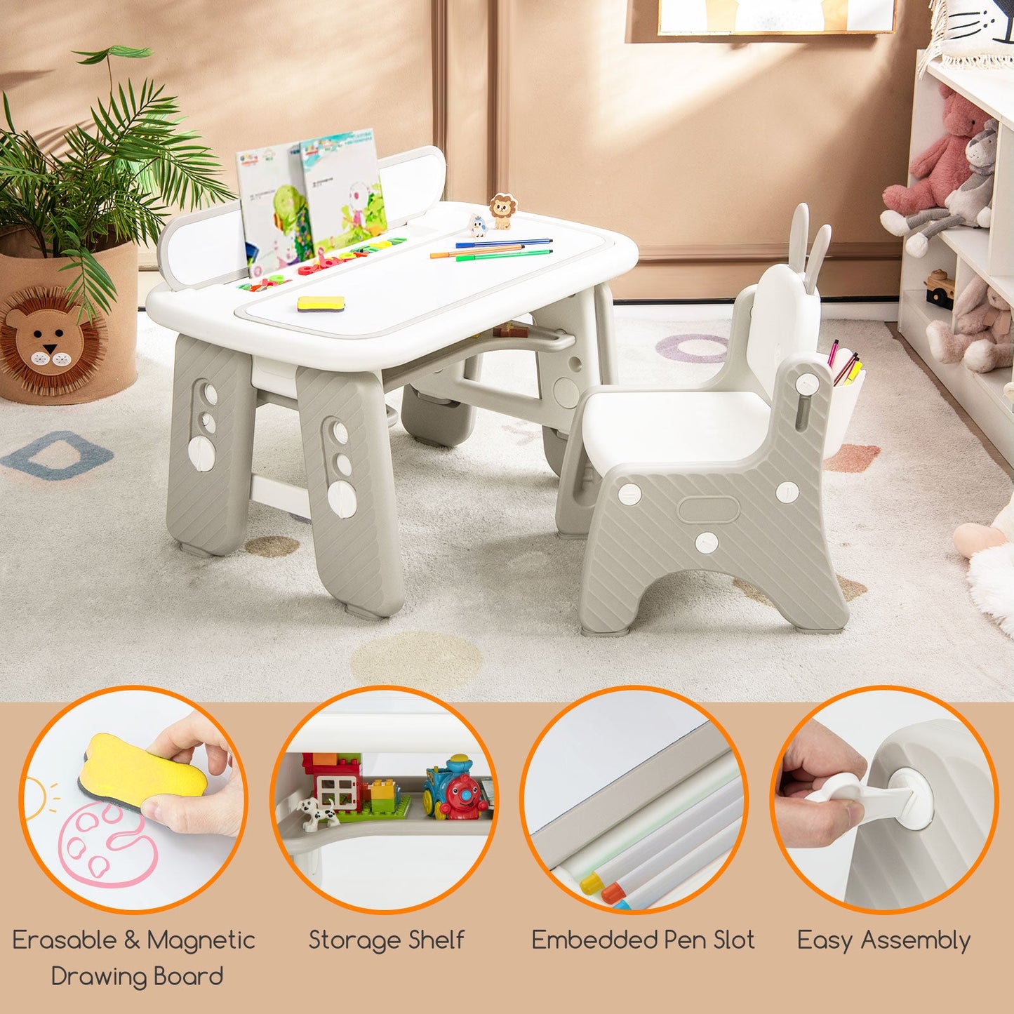 Kids Table and Chair Set with Flip-Top Bookshelf