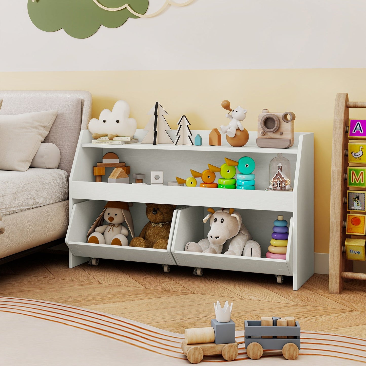 Kids Toy Storage Organizer Wooden Bookcase with 2 Movable Drawers