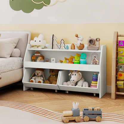 Kids Toy Storage Organizer Wooden Bookcase with 2 Movable Drawers